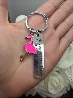 Pink Flamingo Keychain with Engraved Tag